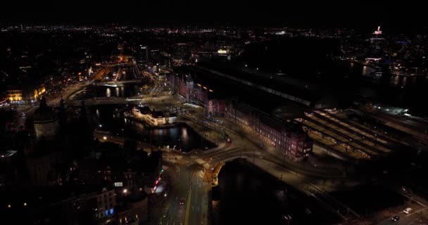 Amsterodamské Centrum Panorama Noci Letecký Dron Nad Hlavou Amsterdam Centraal — Stock video