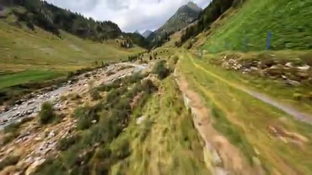 Frischer Gebirgsbach Der Mit Einer Fpv Drohne Überflogen Wird Erlebniswanderwald — Stockvideo