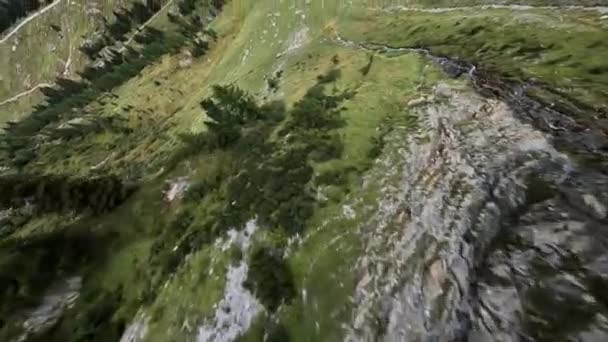 Φρέσκο Ποτάμι Του Βουνού Που Πετά Από Πάνω Ένα Τηλεκατευθυνόμενο — Αρχείο Βίντεο
