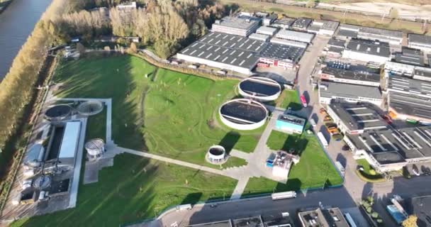 Sewage Treatment Plant Purifies Waste Rain Water Households Companies Aerial — Stock Video