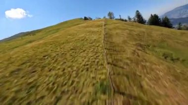 FPV, İsviçre 'deki yeşil bir dağın üzerinde serbest stil ve sinematik dron uçuşu..