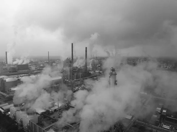 Heavy industry chemical park. Dormagen production and manufacturing of different chemical products. Crop protection agents, polymers, plastics and rubber. Aerial drone view.