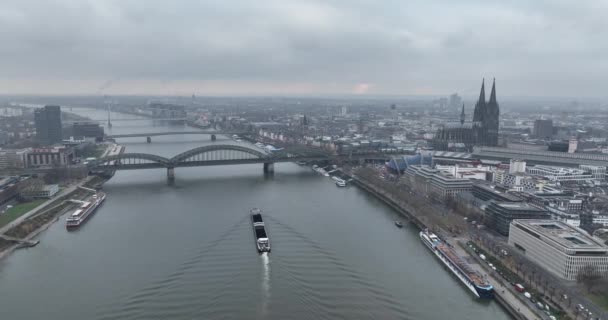 Κολωνία Γερμανία Αεροφωτογραφία Του Κέντρου Της Κολωνίας Ποταμός Ρινόκερος Ορίζοντας — Αρχείο Βίντεο