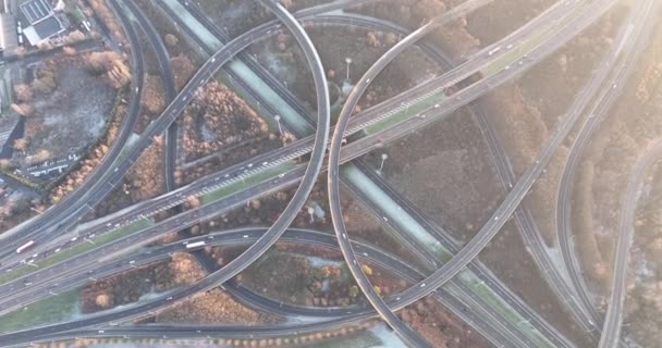 多重化されたインターチェンジ道路の交差点 ロータリーでの交通 空中ドローンのオーバーヘッドビュー 高速道路のアスファルトや複雑な構造道路 — ストック動画