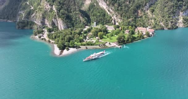 Ferry Touristic Leisure Aerial Drone Overhead Zoomed View Vessel Leaving — Video