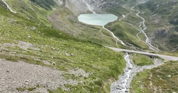 Mountain Lake Called Steinsee Top Sustenpass Switzerland Aerial Overhead View — Video