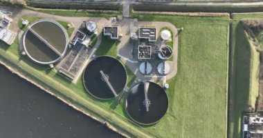 Water treatment facility that cleans and purifies water to make it safe for human consumption.coagulation, sedimentation, filtration, and disinfection. Aerial overhead view