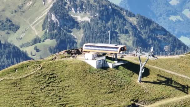 Experience Thrill Cable Car Ride Alpine Mountain Stunning Aerial Drone — Stockvideo