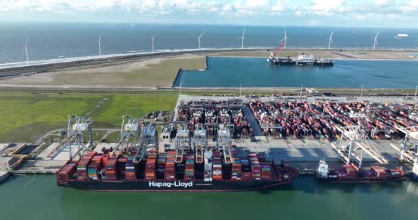 2023年1月19日オランダのロッテルダム ロッテルダム港におけるコンテナ船ハパグ ロイド荷役作業では クレーンなどの機器を使用して貨物コンテナを船舶から除去する作業が行われます — ストック動画