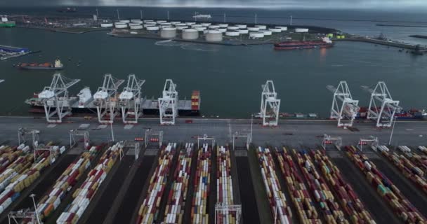 大規模な貨物船と背景に曇った空を持つ賑やかなコンテナターミナルの空中ドローンビデオは 現代の海運業界の規模と活動を紹介します — ストック動画