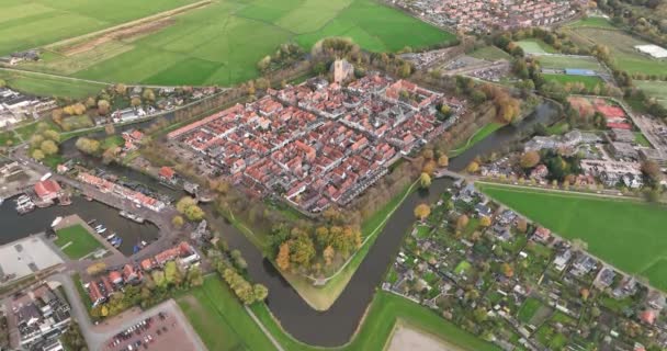 Aerial Drone Footage Charming Medieval Dutch Village Intact Fortifications — Stock video
