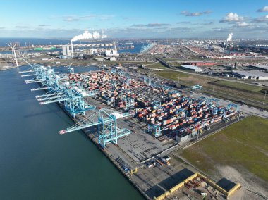 Rotterdam, 19th of January 2023, The Netherlands. In the sunny Port of Rotterdam, container ships offload cargo using cranes and other equipment.