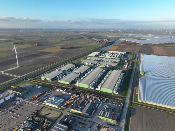 Datacenter building computing and data infrastructure. Aerial drone overhead view.Hollands kroon industrial zone. Landscape aerial.