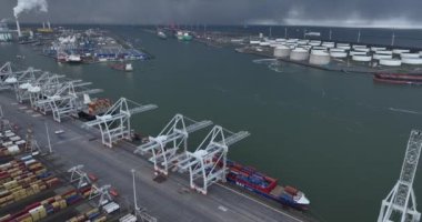 Rotterdam, 19th of January 2023, The Netherlands. Aerial Drone Footage of ECT Delta Terminal: The Future of Container Shipping. Aerial drone overhead.