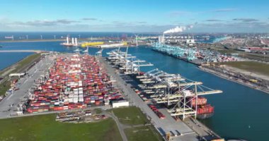 Rotterdam, 19th of January 2023, The Netherlands. The stunning beauty of the Rotterdam port and its vast container terminal, seen from high in the sky.