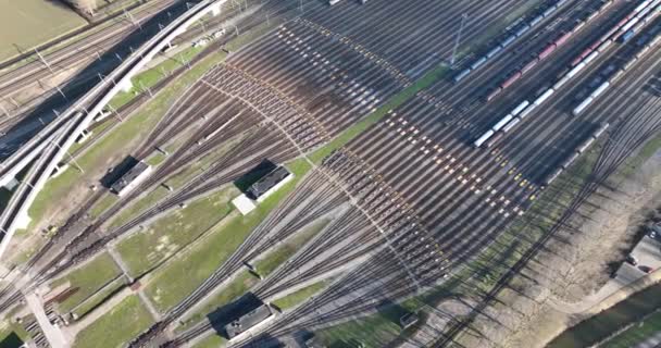Imagens Aéreas Tirar Fôlego Pátio Ferroviário Mostrando Escala Complexidade Infraestrutura — Vídeo de Stock