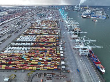 Rotterdam, 19th of January 2023, The Netherlands. Get a unique perspective of the busiest port in Europe with an awe-inspiring aerial drone photo.