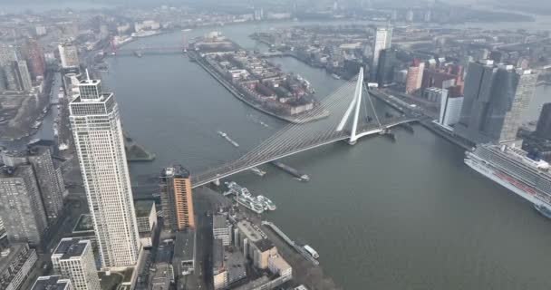 ドローンは1つの息をのむようなビデオでエレガントなエラスムス橋と新しいランドマークZalmhaventowerをキャプチャするように 上からロッテルダムの美しさを参照してください — ストック動画