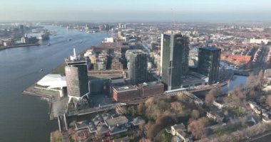 Amsterdam, 13th of February 2023, The Netherlands. Experience the thrill of height and breathtaking views with a drone video of Amsterdams Amsterdam Lookout tower.