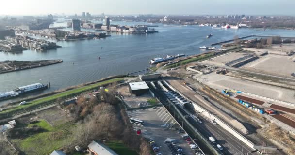 Fågel Blick Amsterdams Fantastiska Infrastruktur Med Upptagen Korsning Och Piet — Stockvideo