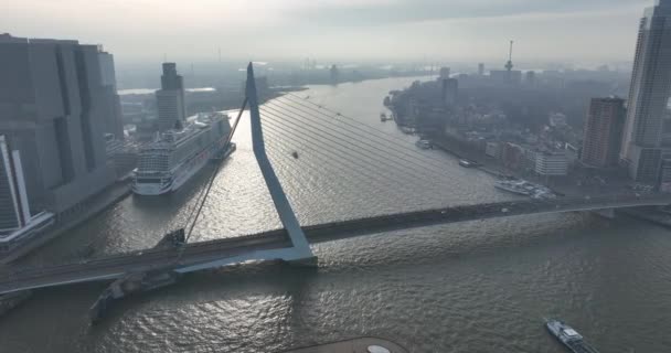 2023年2月15日 オランダのロッテルダム 美しい川の景色とユニークな空中の視点から見たエラスムス橋の印象的なデザインの魅力的なショーケース — ストック動画