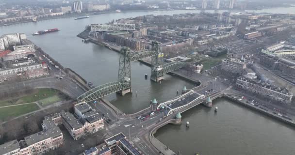 Fengslende Dronevideo Koninginnebrug Rotterdam Som Viser Daglige Bevegelsene Til Biler – stockvideo