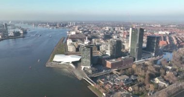 Amsterdam, 13th of February 2023, The Netherlands. A stunning aerial view of Amsterdams waterfront, featuring the Eye Film Museum and Amsterdam Lookout Tower.
