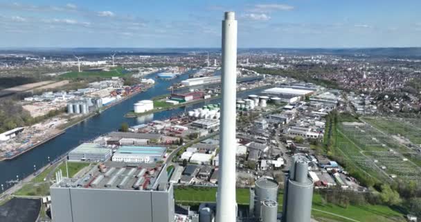 Rheinhafen Erőmű Környező Területek Lenyűgöző Légi Rálátása Rávilágít Régió Energiatermelésében — Stock videók