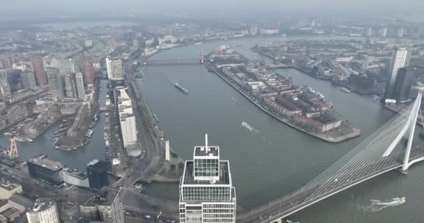 Rotterdam Února 2023 Nizozemsko Rotterdamské Panorama Erasmusbridge Letecký — Stock video