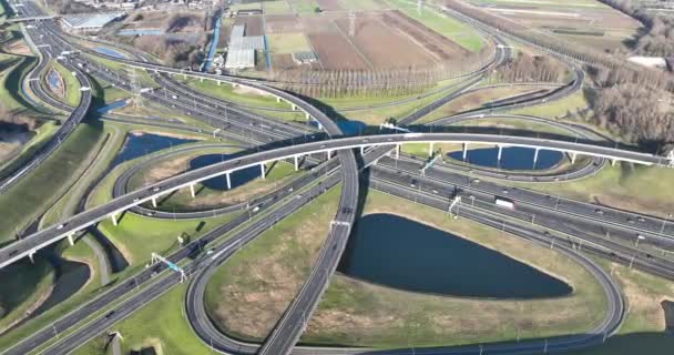 Top Aerial View Drone Modern Traffic Junction Multiple Lane Highway — Stock Video