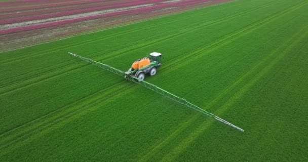 2023年4月27日 オランダのエスペル トラクターは春に噴霧器で畑に農薬を散布します 空中ドローンビデオ — ストック動画