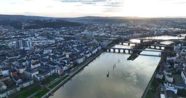 Koblenz Německo Letecký Panoramatický Výhled Město Rýně Kde Němu Připojuje — Stock video