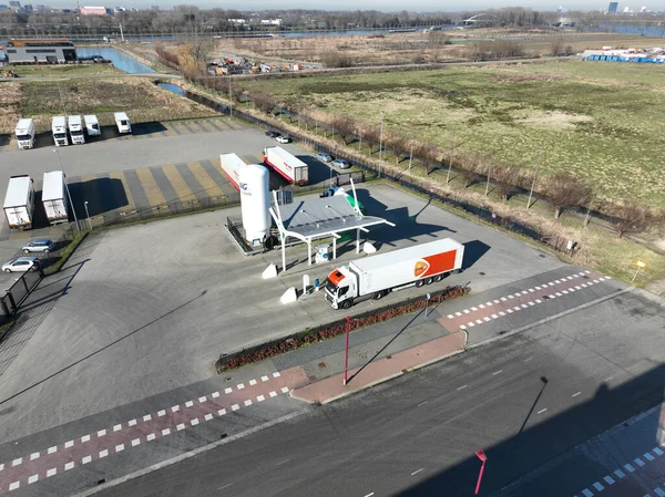 stock image Nieuwegein, 8th of February 2023, The Netherlands. Marvel at the cutting-edge technology in this stunning aerial drone video of the LNG filling point in Nieuwegein.