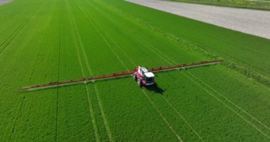 Kamperhoek, Hollanda, 29 Mayıs. Traktör ekin püskürtüyor, hava aracı görüntüsü..