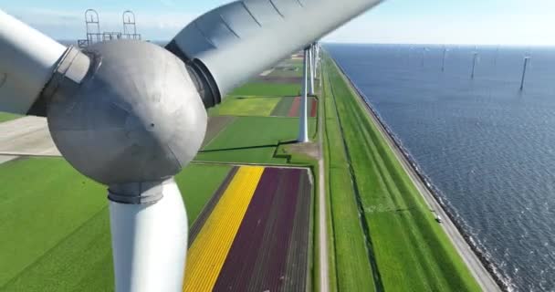 Yeşil Enerji Rüzgar Türbinine Yakın Uçan Hava Aracı Videosu Hollanda — Stok video