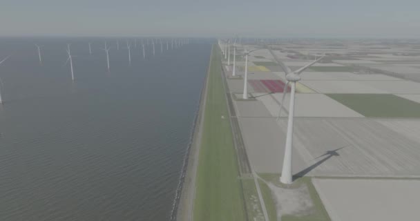 Aerial Drone Video Offshote Turbiny Wiatrowej Park Generujący Zieloną Energię — Wideo stockowe