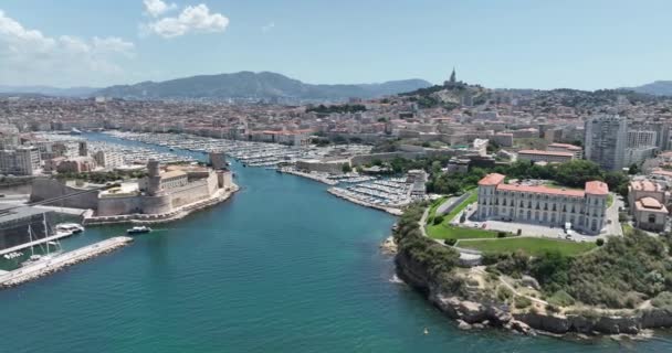 Порт Марселя Франции Город Вдоль Побережья Воздушный Беспилотник — стоковое видео