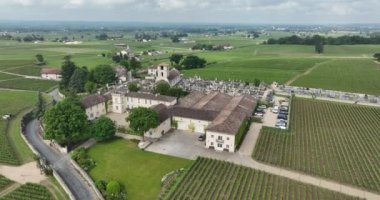 Saint Emilion şarap bölgesinde bir şaraphane şatosunun insansız hava aracı görüntüsü. Fransa.