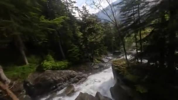 Dağlardaki Çağlayan Bir Şelalenin Üzerinden Uçuyor Yeşil Güneşli Yaz Havası — Stok video