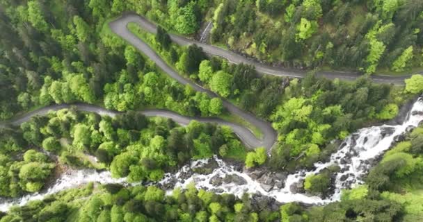 Yeşil Dağlarda Kıvrımlı Bir Dağ Yolunun Kenarlarında Akan Bir Nehrin — Stok video