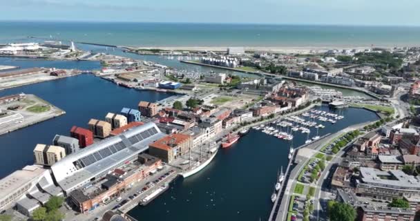 Luchtfoto Drone Video Van Duinkerken Centrum Stad Uitzicht Lucht Haven — Stockvideo
