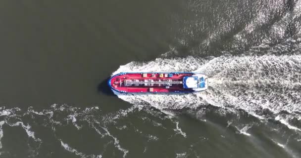 Aerial Drone Video Top View Industrial Ship Sailing Open Water — Stock Video