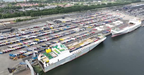 Rotterdam Lipca 2023 Holandia Transport Intermodalny Przyczep Ciężarowych Porcie Rotterdam — Wideo stockowe