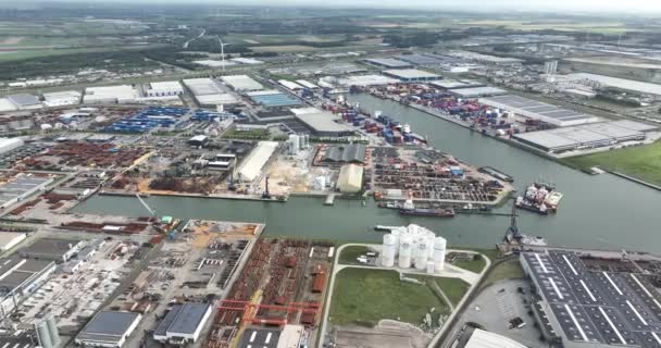 2023年8月3日 オランダ オランダの大きな港ムエルディク港 ドックや企業施設の空中ドローンビュー — ストック動画