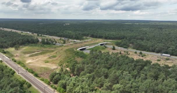 体验荷兰的Faunapassage Kootwijkerzand这一横跨A1公路和Amersfoort Apeldoorn铁路的新型生态管道的令人惊叹的空中美景 — 图库视频影像