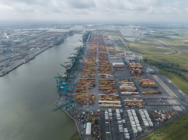 Antwerpen, 12 Ağustos 2023, Belçika. Antwerp 'teki Deurganckdok konteynır terminallerinin deniz dünyası çarpıcı hava aracı görüntüleriyle.