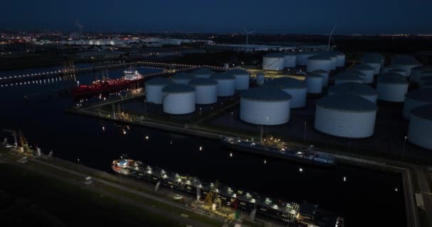 Aerial Drone Petrochemical Terminal Night Port Amsterdam — Stock Video