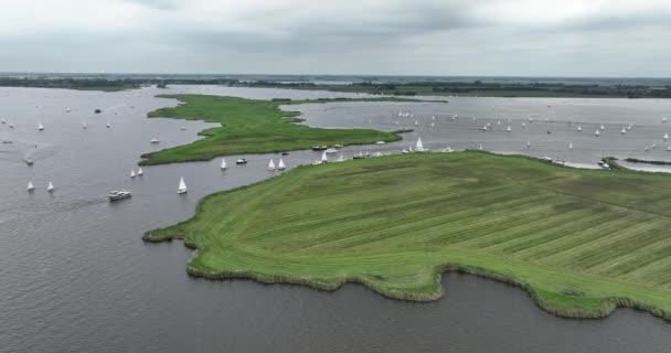 在荷兰弗里斯兰Sneekermeer的帆船和娱乐船 空中无人驾驶飞机视图 — 图库视频影像