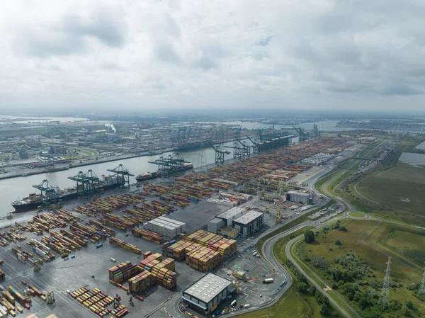 Antwerpen 2023 Augusztus Belgium Antwerpeni Kikötő Konténertermináljának Felülnézete Lefelé Kikötői Stock Kép