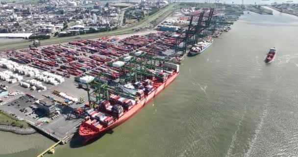 앤트워프 2023년 12일 벨기에 함부르크 컨테이너 선박이 앤트워프 항구에 적재되고 — 비디오